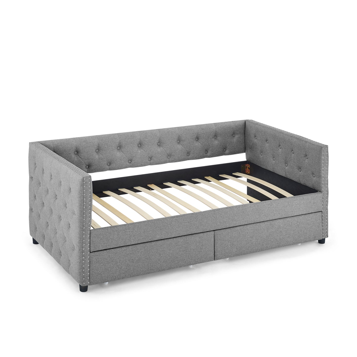 Sofá cama doble tapizado con dos cajones, con botón y clavo de cobre en brazos cuadrados, gris (82.75''x43''x30.75'')