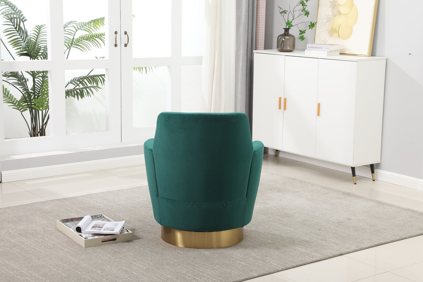 Velvet Swivel Barrel Chair, Swivel Accent Chairs Armchair for Living Room, Reading Chairs for Bedroom Comfy, Round Barrel Chairs with Gold Stainless Steel Base (Emerald)