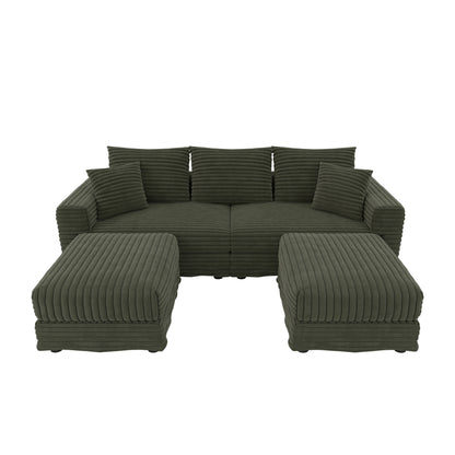 82.7 ' Plush Corduroy 3-Seat Sofa, Modern Comfy Upholstered Sofa Cloud Couch, Deep Seat Couches with Soft Pillows and 2 Ottomans, Convertible Sofa Lounge Chair, for Living Room,Apartment,Office,Green