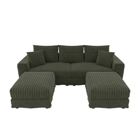 82.7 ' Plush Corduroy 3-Seat Sofa, Modern Comfy Upholstered Sofa Cloud Couch, Deep Seat Couches with Soft Pillows and 2 Ottomans, Convertible Sofa Lounge Chair, for Living Room,Apartment,Office,Green