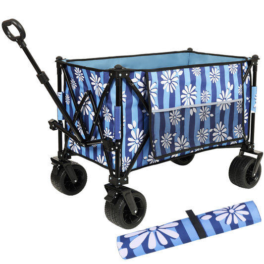 Heavy-Duty 480lbs Folding Wagon Cart with Bonus Picnic Mat - All-Terrain Beach Wheels, Drink Holders, Brakes & Side Pocket for  Camping, Garden, Sports, blue vertical print