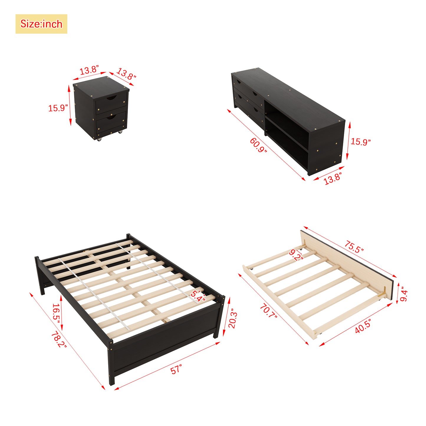 Versatile Full Bed with Trundle,Under bed Storage Box and Nightstand .Espresso