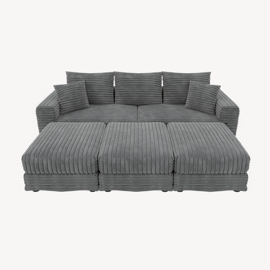 82.7 ' Plush Corduroy 3-Seat Sofa, Modern Comfy Upholstered Sofa Cloud Couch, Deep Seat Couches with Soft Pillows and 3 Ottomans, Convertible Sofa Lounge Chair, for Living Room,Apartment,Office,Grey