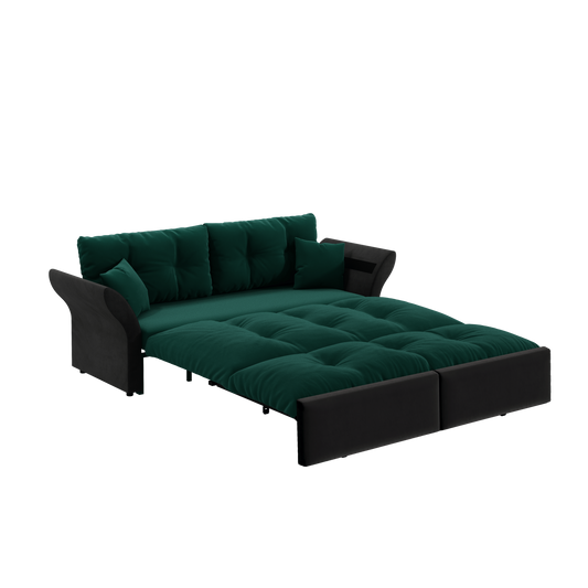 74.8 ' Queen Pull Out Sofa Bed, 3-in-1 Convertible Sleeper Tufted Sofa with 2 Soft Pillows, Multi-Functional Velvet Loveseat Bed, Green