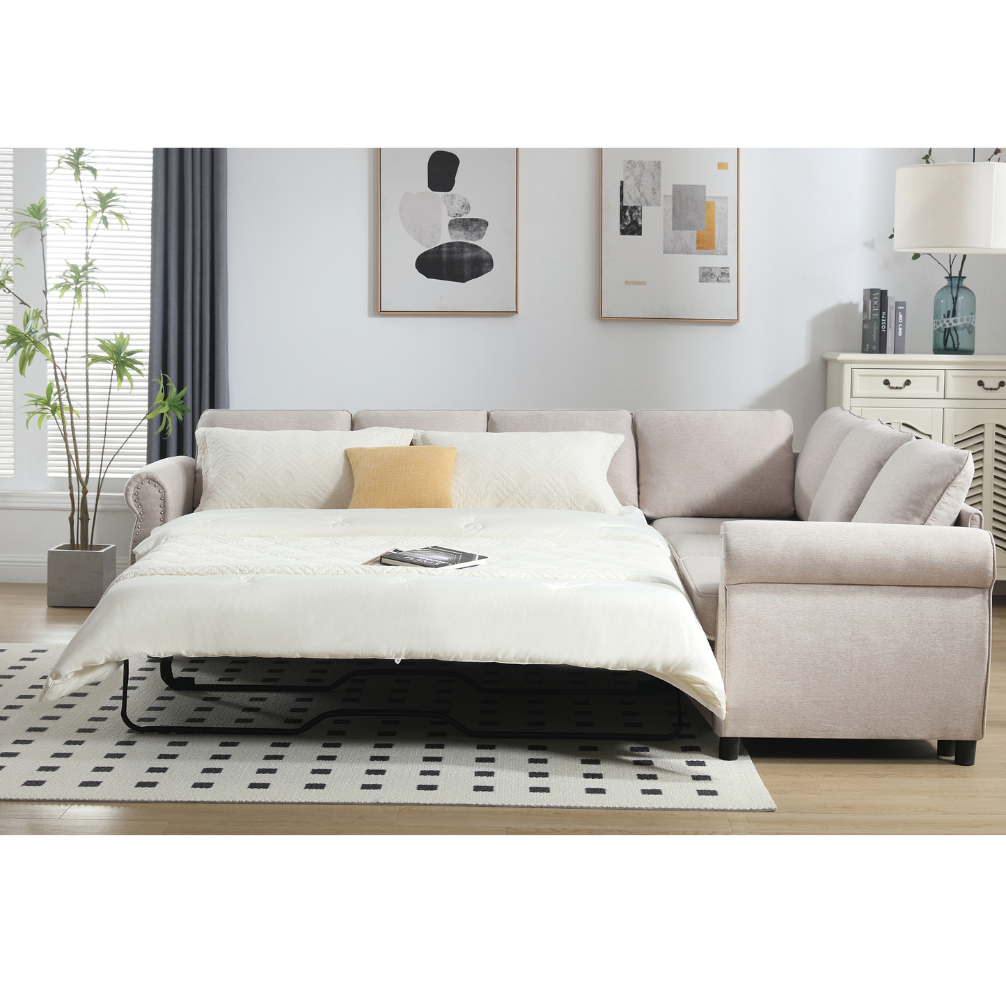 [NEW ARRIVED] [VIDEO PROVIDED] Sleeper Sofa, 2 in 1 Pull Out Couch Bed,6 seater sofa bed, L Shaped Sleeper Sectional Sofa Couch,Riveted sofa,104'' Large combined sofa Bed in living room, Beige