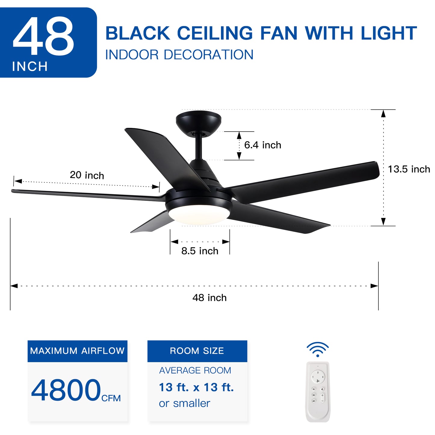 YUHAO 48 In Intergrated LED Ceiling Fan Lighting with Black ABS Blade