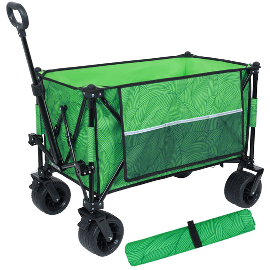 Heavy-Duty 480lbs Folding Wagon Cart with Bonus Picnic Mat - All-Terrain Beach Wheels, Drink Holders, Brakes & Side Pocket for  Camping, Garden, Sports, green line