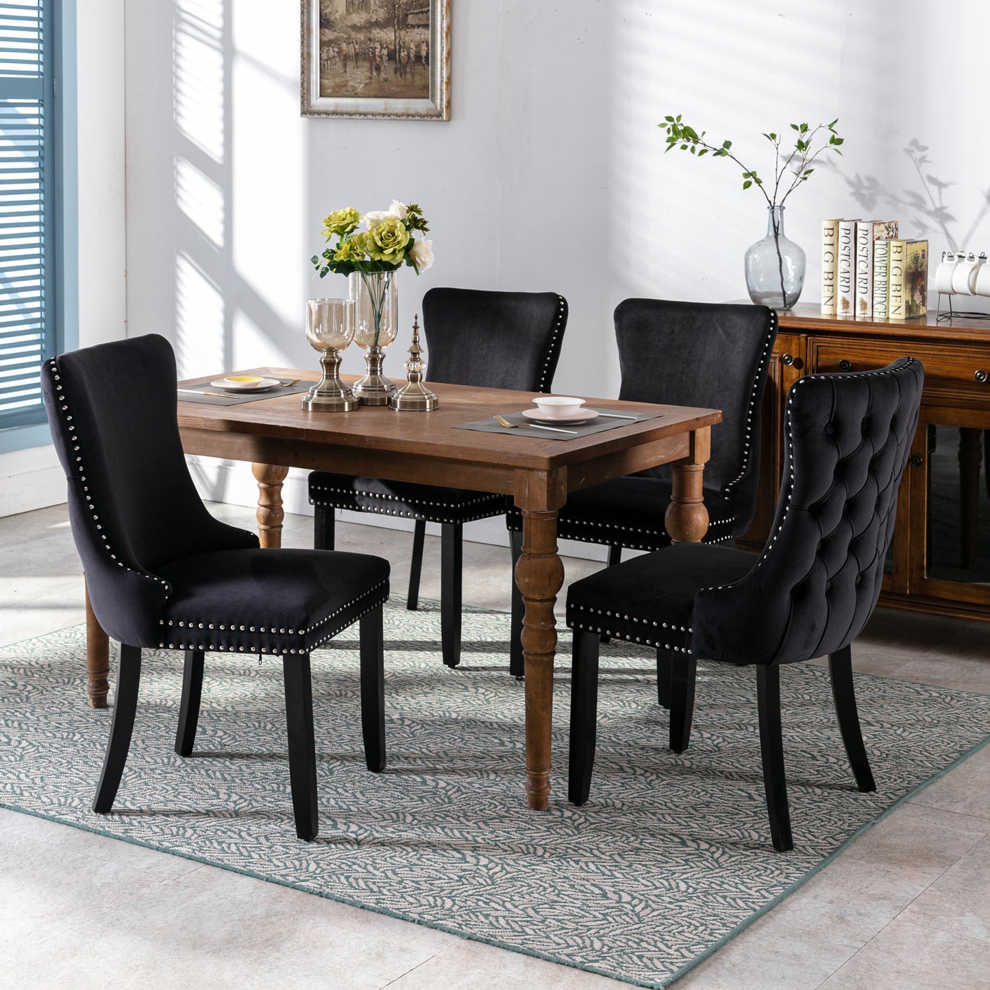 Silla de comedor tapizada con respaldo de orejas, ribete de clavos con pespuntes y patas de madera maciza, juego de 2, negro, SW8809BK, KD