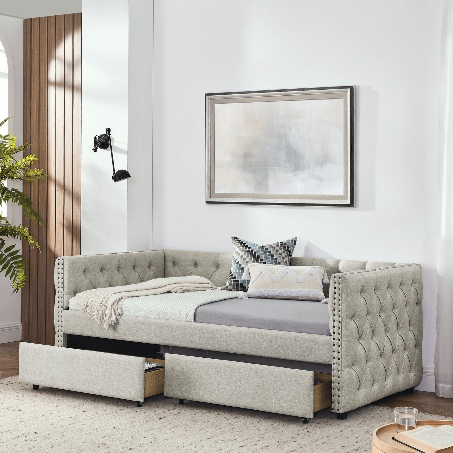 Sofá cama doble tapizado con dos cajones, con botón y clavo de cobre en brazos cuadrados, beige (82.75''x43''x30.75'')