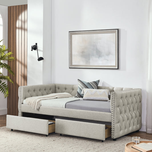 Upholstered Twin Size Daybed with Two Drawers, with Button and Copper Nail on Square Arms, Beige (82.75''x43''x30.75'')