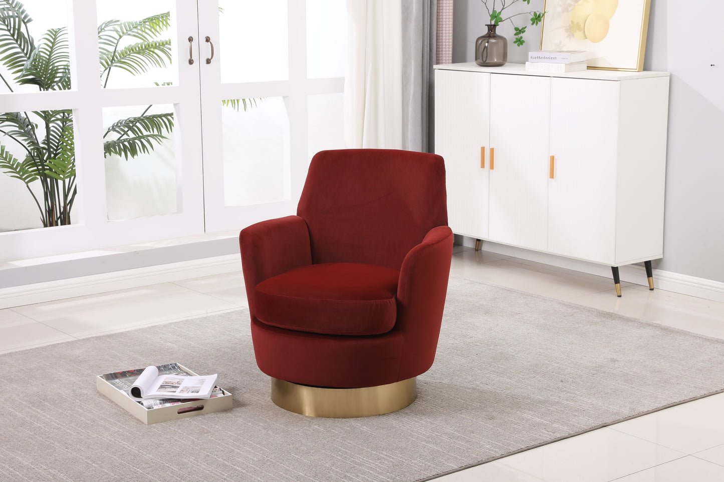 Velvet Swivel Barrel Chair, Swivel Accent Chairs Armchair for Living Room, Reading Chairs for Bedroom Comfy, Round Barrel Chairs with Gold Stainless Steel Base (Brownish red)