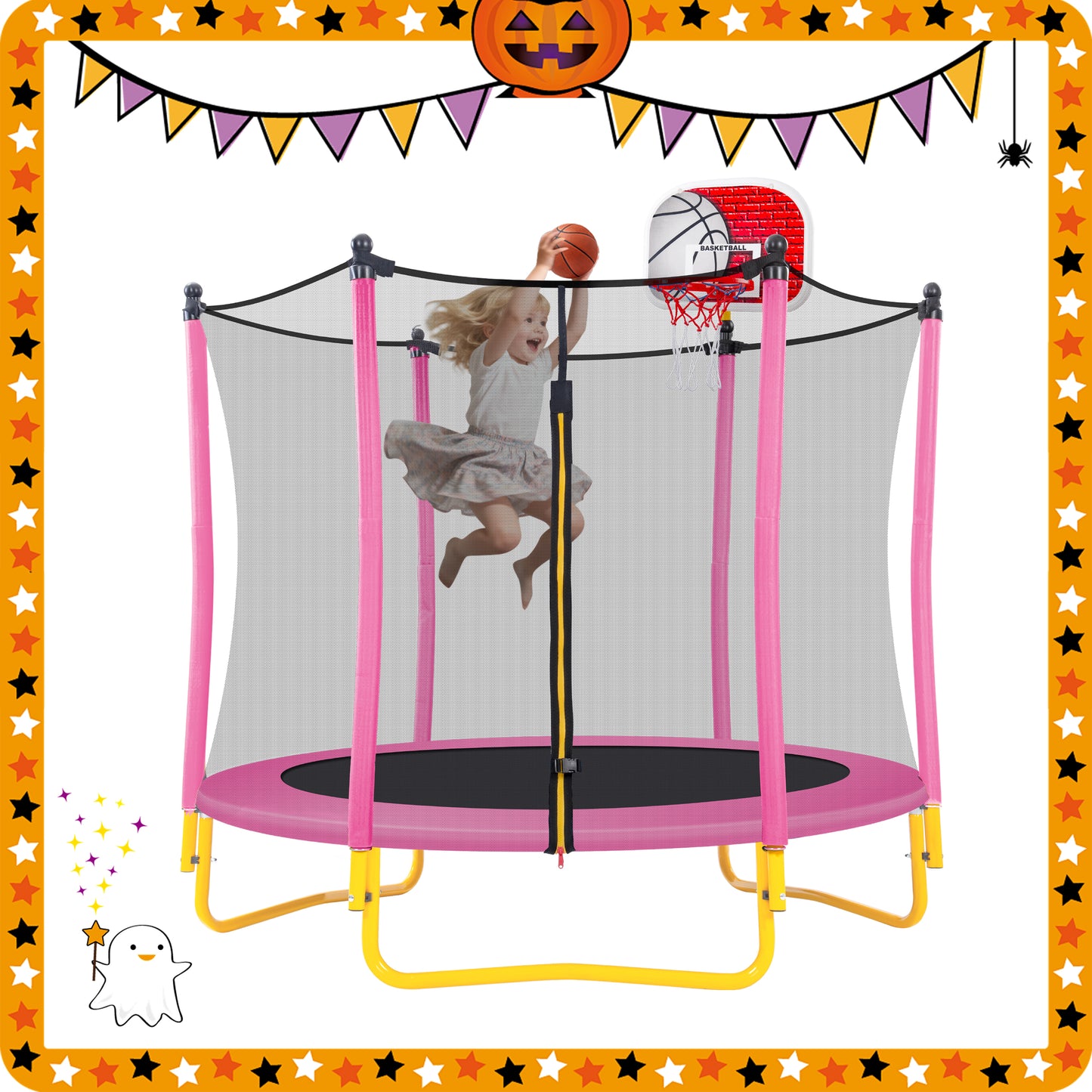 5.5FT Trampoline for Kids - 65' Outdoor & Indoor Mini Toddler Trampoline with Enclosure, Basketball Hoop and Ball Included