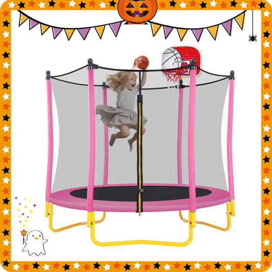 5.5FT Trampoline for Kids - 65' Outdoor & Indoor Mini Toddler Trampoline with Enclosure, Basketball Hoop and Ball Included