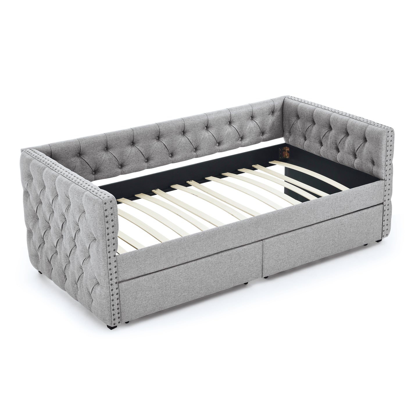 Upholstered Twin Size Daybed with Two Drawers, with Button and Copper Nail on Square Arms, Grey (82.75''x43''x30.75'')