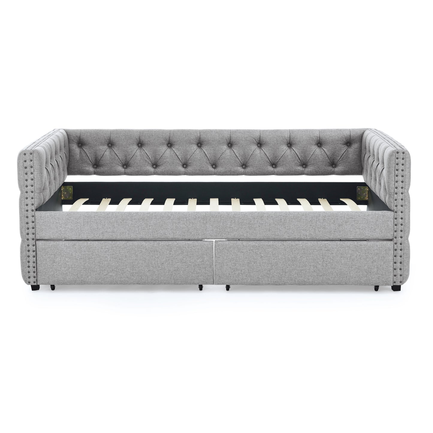 Upholstered Twin Size Daybed with Two Drawers, with Button and Copper Nail on Square Arms, Grey (82.75''x43''x30.75'')