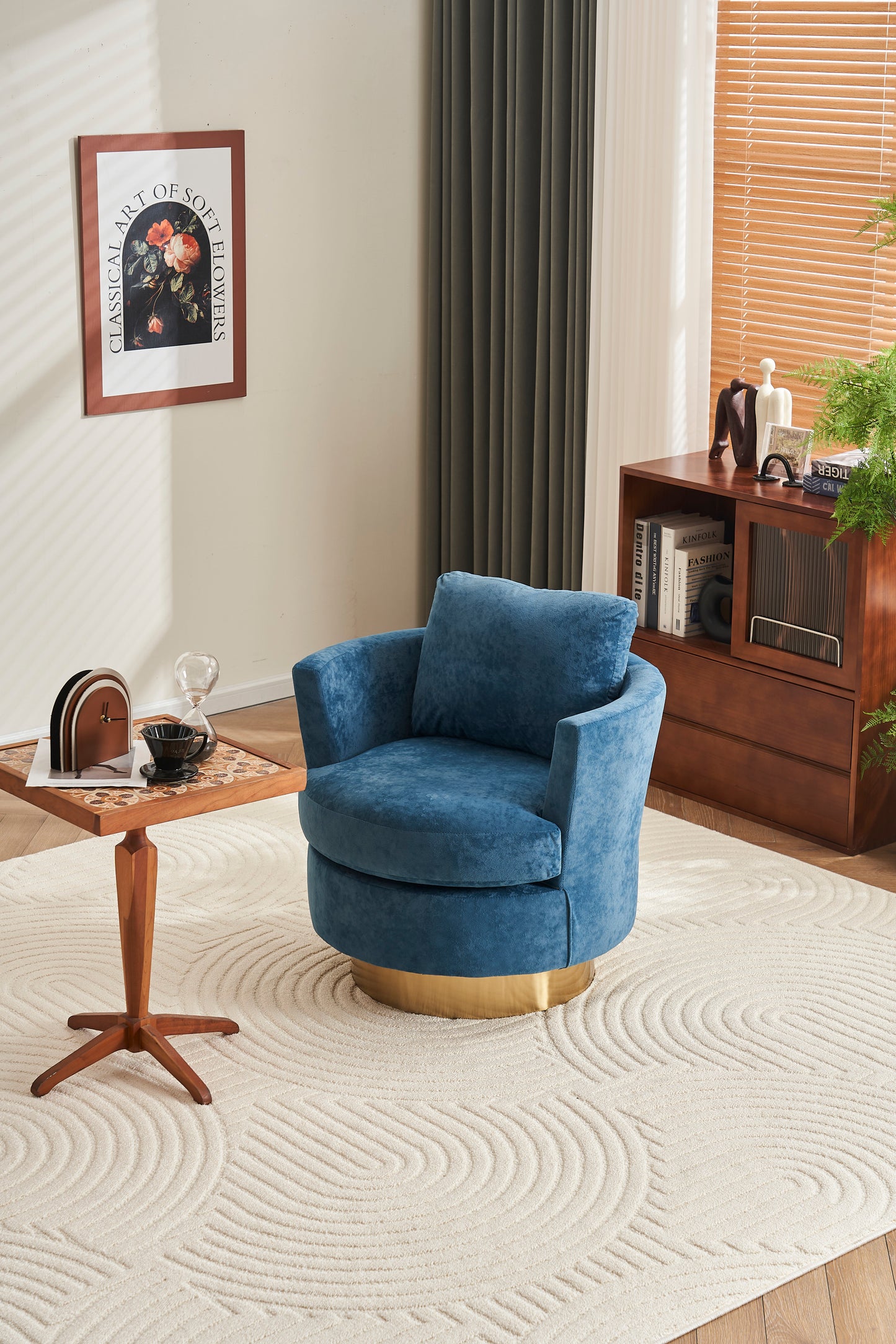 Velvet Swivel Barrel Chair, Swivel Accent Chairs Armchair for Living Room, Reading Chairs for Bedroom Comfy, Round Barrel Chairs with Gold Stainless Steel Base (Dusty blue)