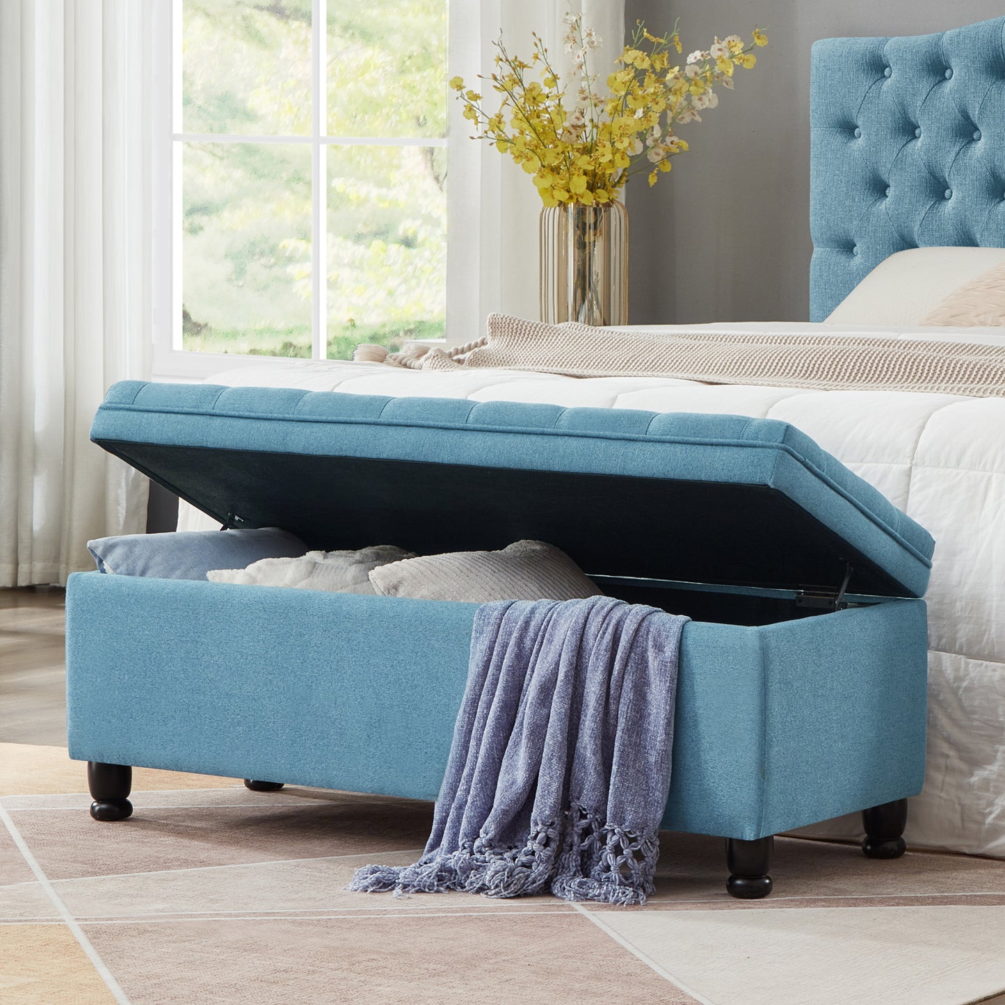 Upholstered tufted button storage bench ,Linen fabric entry bench with spindle wooden legs, Bed bench- Light Blue