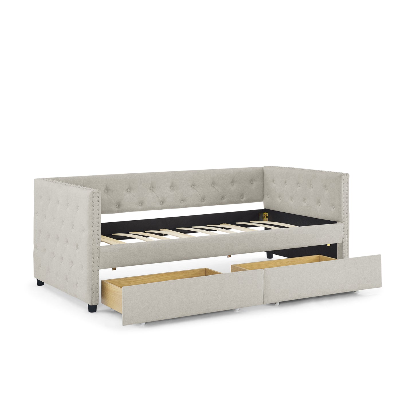 Sofá cama doble tapizado con dos cajones, con botón y clavo de cobre en brazos cuadrados, beige (82.75''x43''x30.75'')