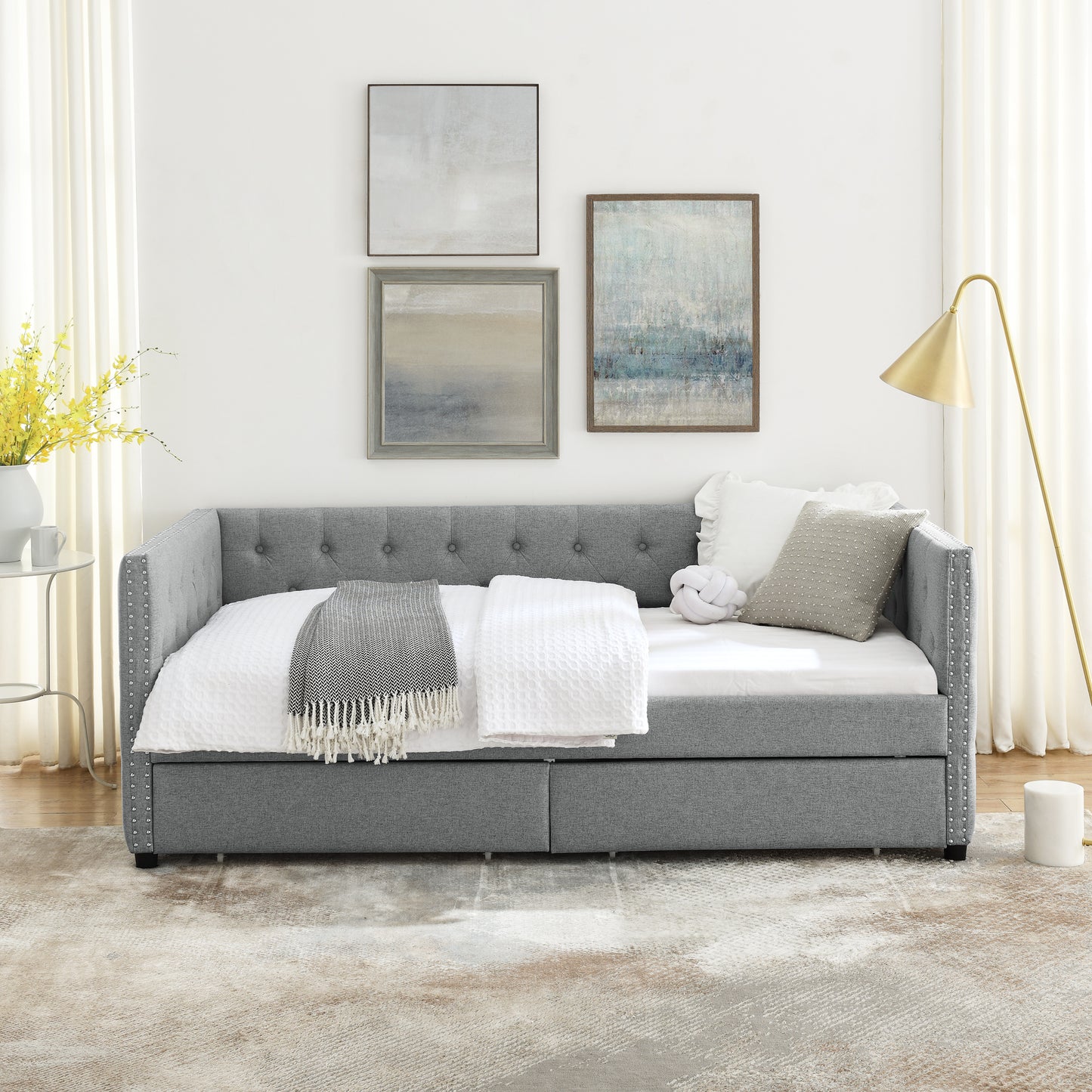 Sofá cama doble tapizado con dos cajones, con botón y clavo de cobre en brazos cuadrados, gris (82.75''x43''x30.75'')