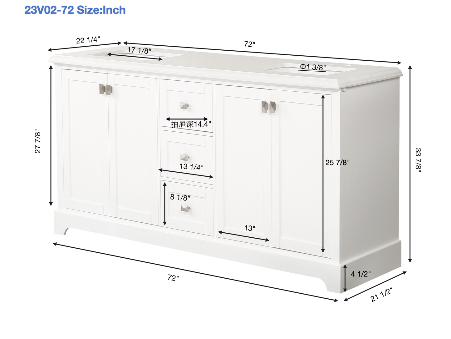 Combinación de lavabo de tocador con encimera de mármol, gabinete de lavabo de baño y tocadores de baño para decoración del hogar - Tocador blanco de 72 pulgadas completamente ensamblado con fregadero 23V02-72WH