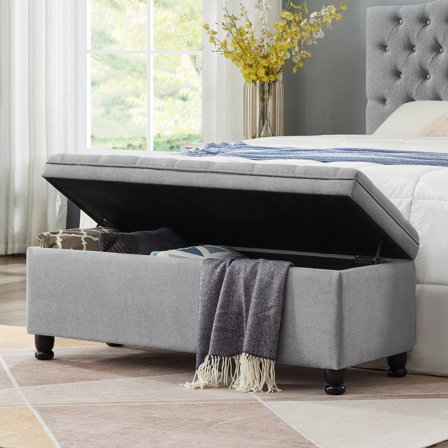 Upholstered tufted button storage bench ,Linen fabric entry bench with spindle wooden legs, Bed bench- Light Gray