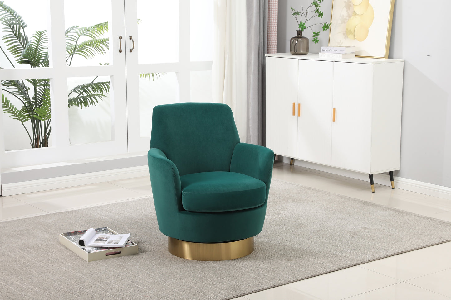 Velvet Swivel Barrel Chair, Swivel Accent Chairs Armchair for Living Room, Reading Chairs for Bedroom Comfy, Round Barrel Chairs with Gold Stainless Steel Base (Emerald)