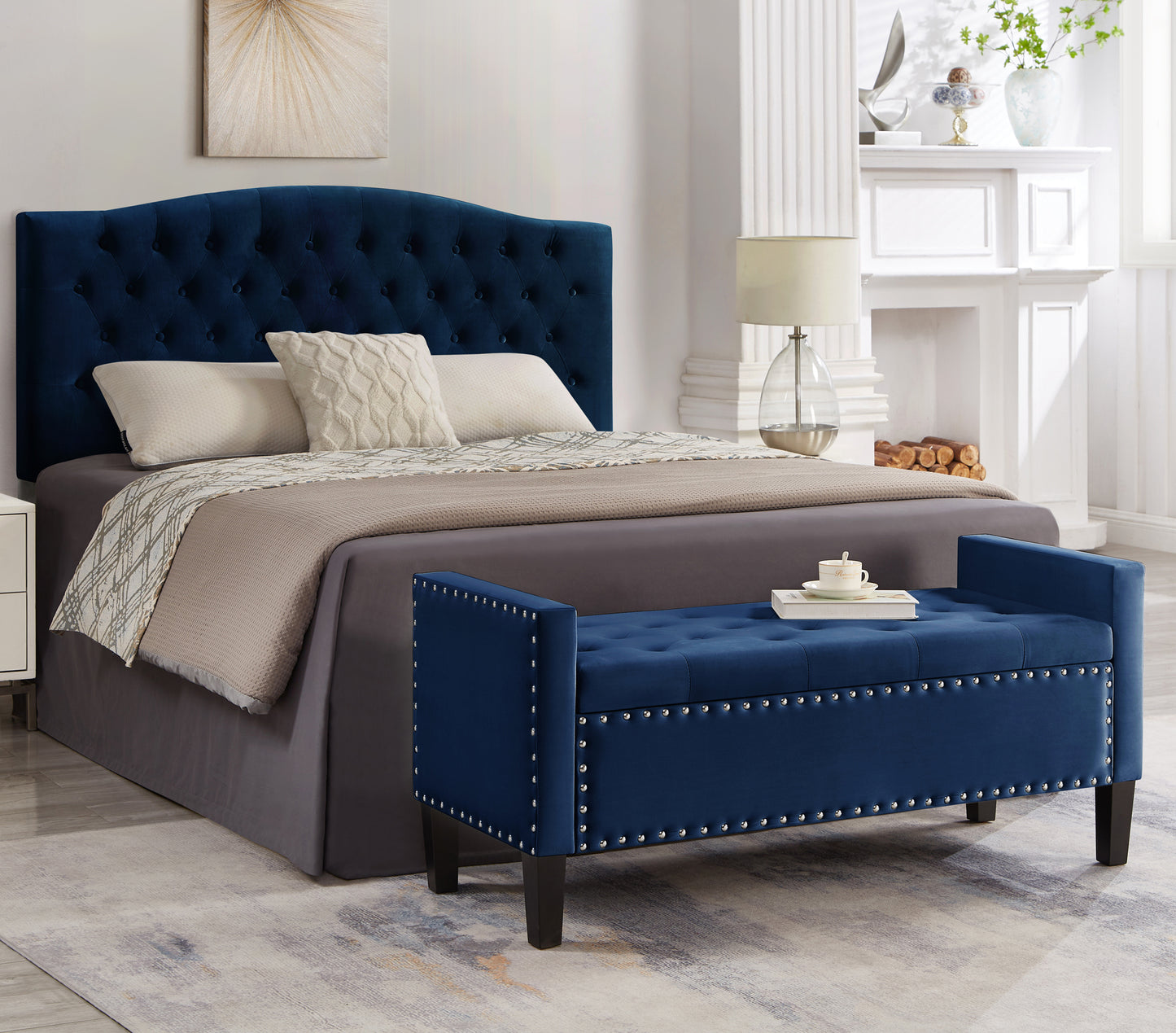 Upholstered Tufted Button Storage Bench with nails trim,Entryway Living Room Soft Padded Seat with Armrest,Bed Bench -Navy