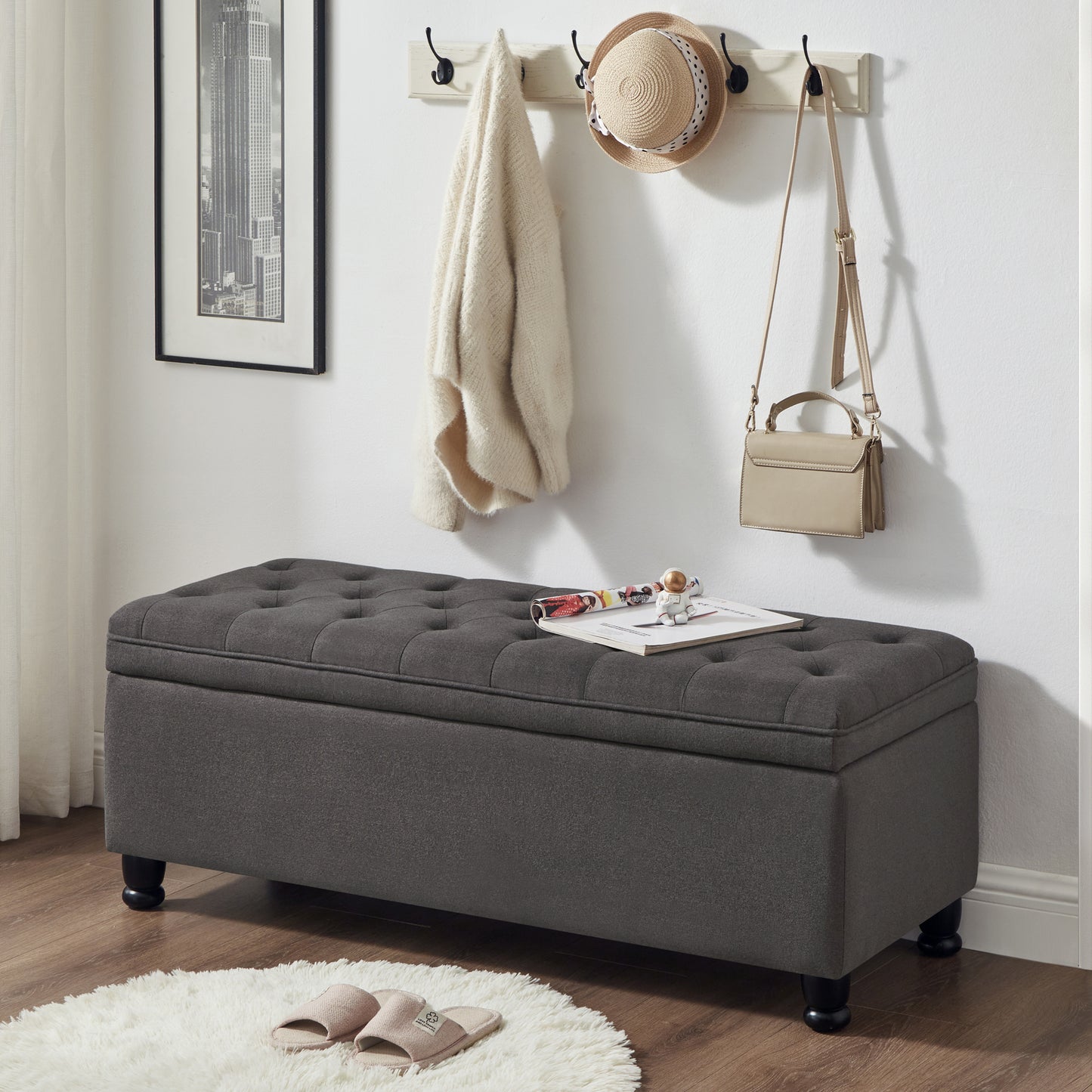 Upholstered tufted button storage bench ,Linen fabric entry bench with spindle wooden legs, Bed bench- Dark Gray