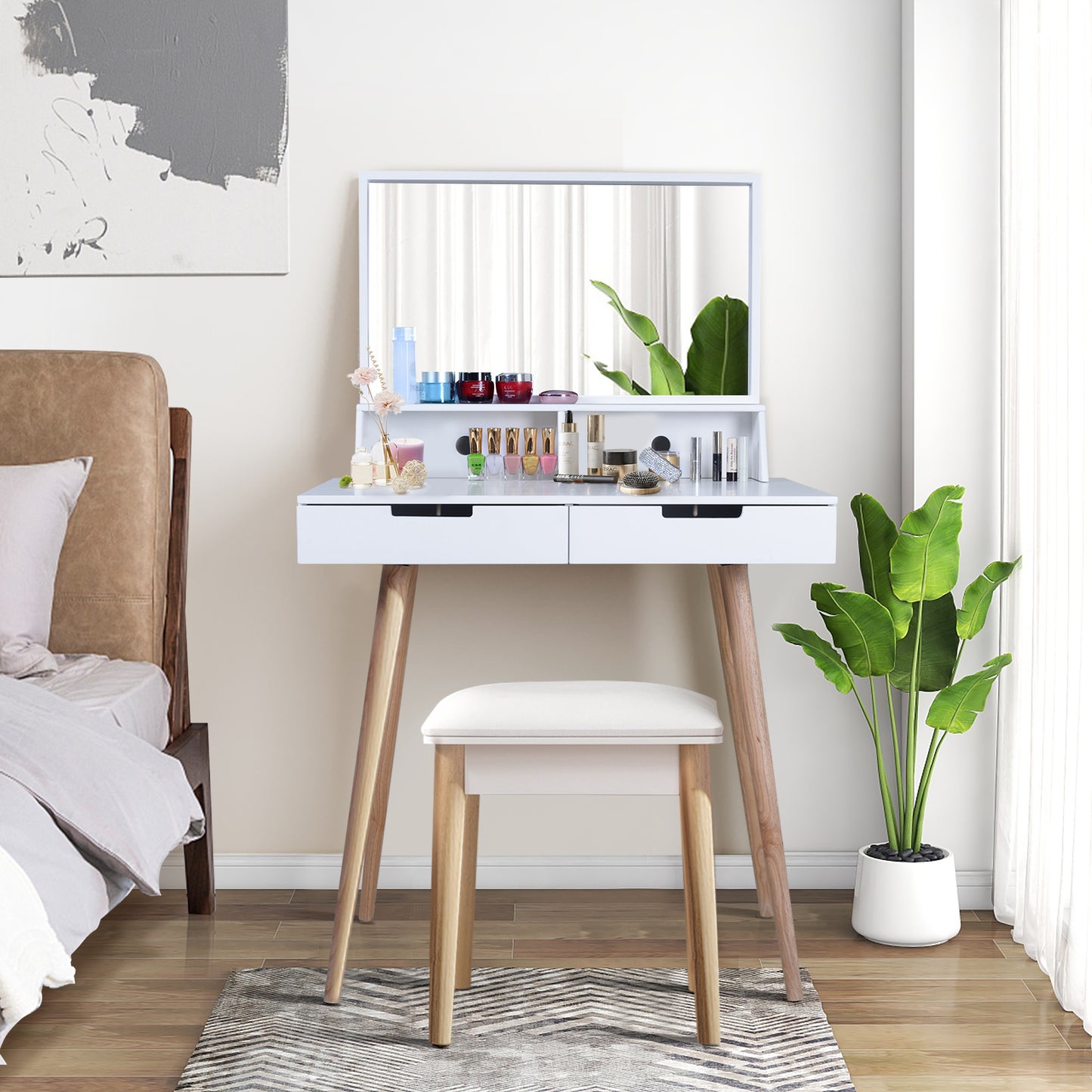 Mesa de maquillaje con espejo de madera, color blanco