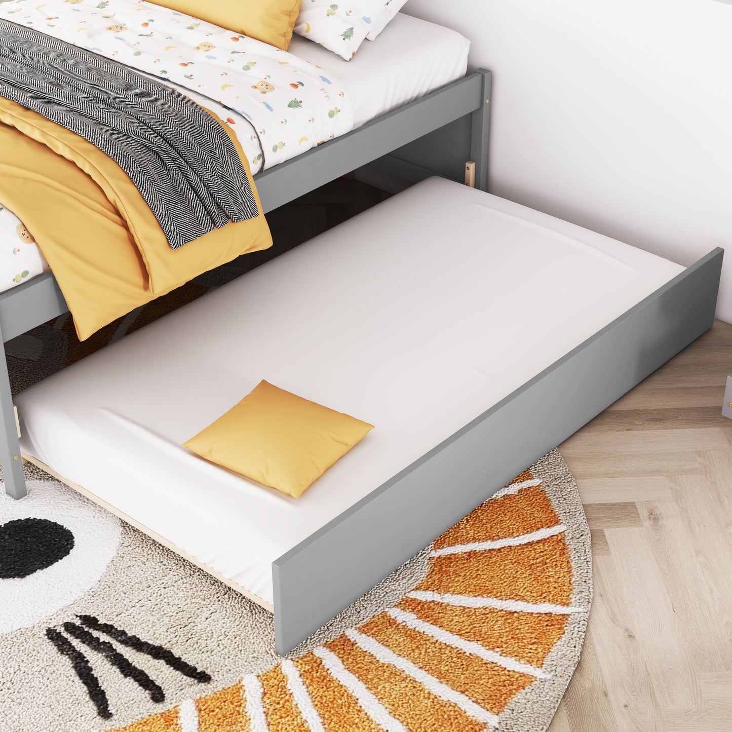 Cama completa versátil con nido, caja de almacenamiento debajo de la cama y mesita de noche. Gris