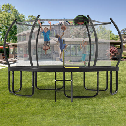 16FT Trampoline with Basketball Hoop for Kids and Adults, Round Outdoor Trampoline with Enclosure Net & Curved Poles & Ladder