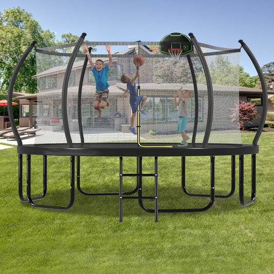 16FT Trampoline with Basketball Hoop for Kids and Adults, Round Outdoor Trampoline with Enclosure Net & Curved Poles & Ladder