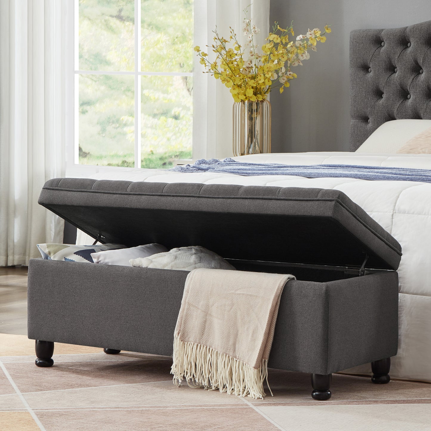 Upholstered tufted button storage bench ,Linen fabric entry bench with spindle wooden legs, Bed bench- Dark Gray