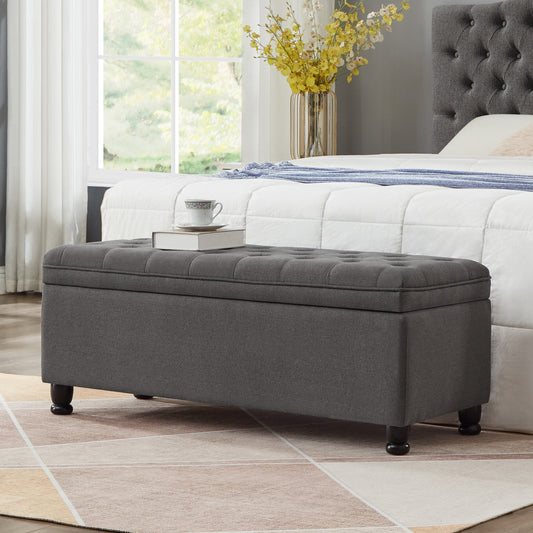 Upholstered tufted button storage bench ,Linen fabric entry bench with spindle wooden legs, Bed bench- Dark Gray