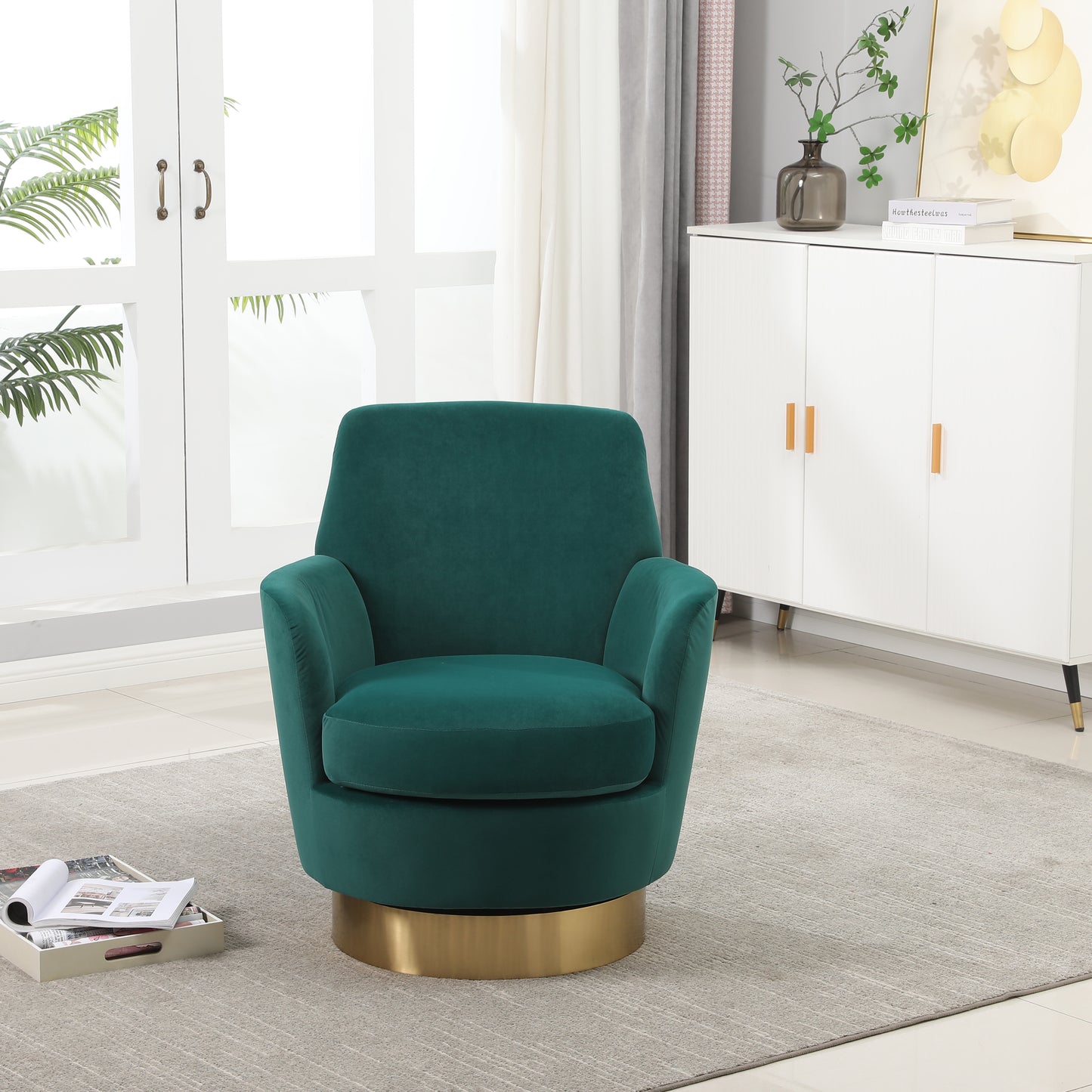 Velvet Swivel Barrel Chair, Swivel Accent Chairs Armchair for Living Room, Reading Chairs for Bedroom Comfy, Round Barrel Chairs with Gold Stainless Steel Base (Emerald)