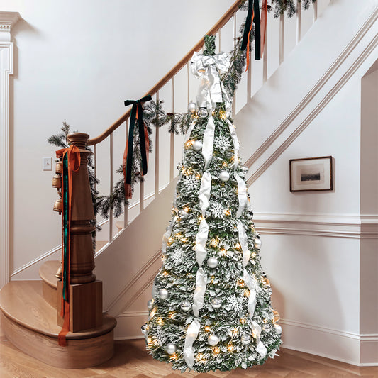 7FT Flocked Pop-Up Christmas Tree with 200 Warm White UL Lights – Pre-Decorated with  Ornaments, Snowflakes, Ribbons & Large Bow – Easy Assembly & Space-Saving Holiday Décor