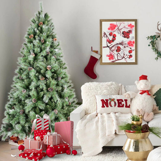 6FT Christmas Tree with 66 Pine Cones – 988 Tips, Mixed PVC & Hard Needle Branches, Hinged Structure for Easy Setup, Sturdy Metal Stand – Realistic Full Holiday Tree
