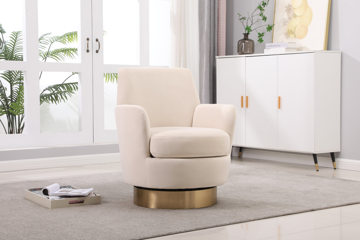 Velvet Swivel Barrel Chair, Swivel Accent Chairs Armchair for Living Room, Reading Chairs for Bedroom Comfy, Round Barrel Chairs with Gold Stainless Steel Base (Beige)