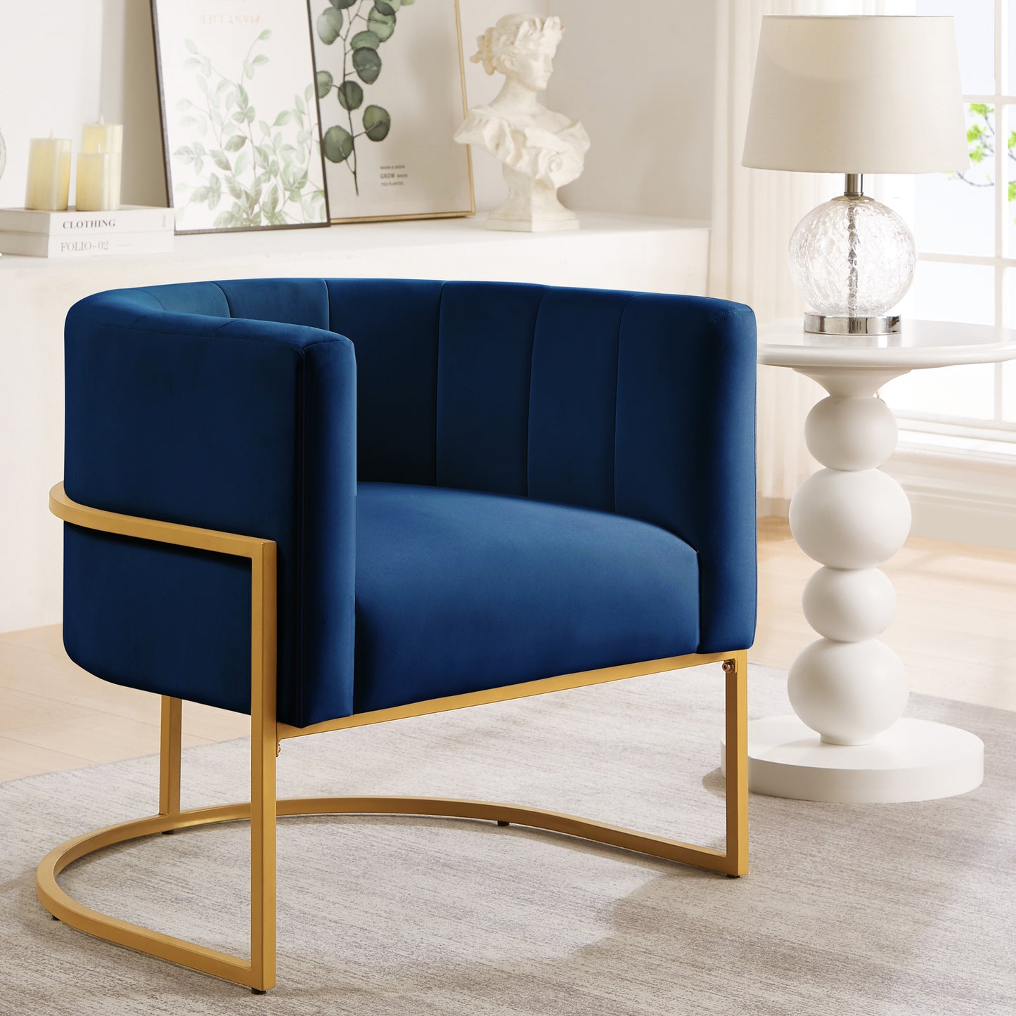 Upholstered Velvet Accent Chair with Golden Metal Stand,Mid-Century  Living Room Leisure Chair with Curve Backrest  -Navy