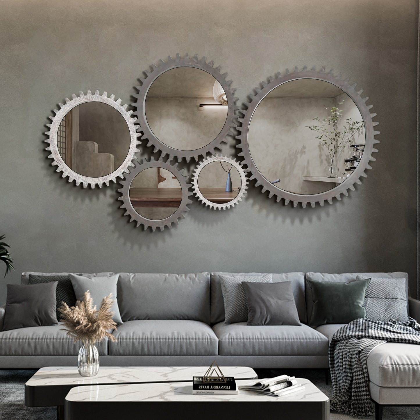 Vintage 17'' x 17'' Wood Round Hanging Gear Shape Heavy Decorative Mirror Patchwork Effect With Large-size Mirrors Rr Individually On Art Walls.(Antique White Washed)