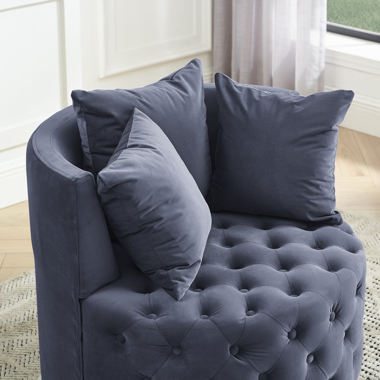 Velvet Upholstered Swivel Chair for Living Room, with Button Tufted Design and Movable Wheels, Including 3 Pillows, Grey