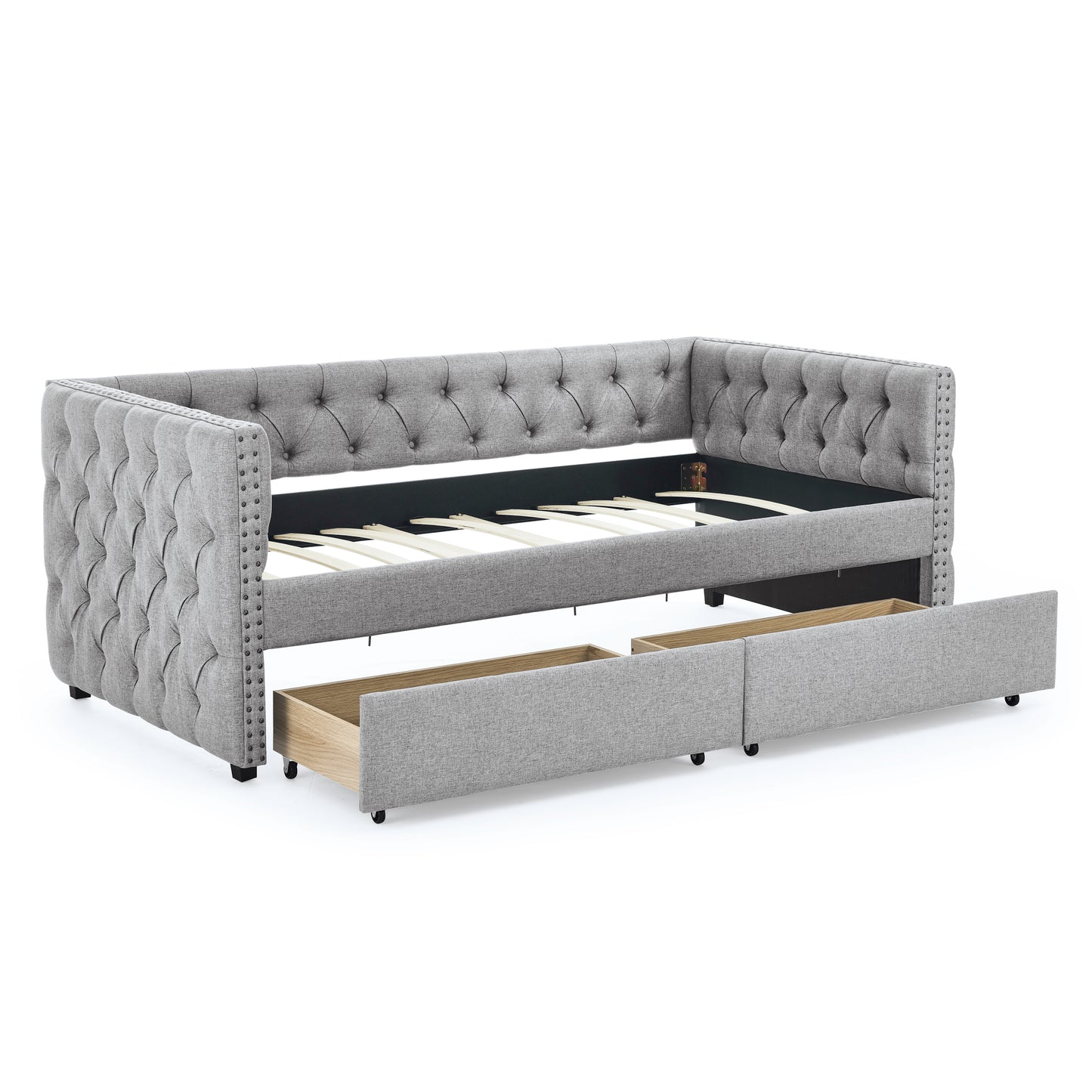 Upholstered Twin Size Daybed with Two Drawers, with Button and Copper Nail on Square Arms, Grey (82.75''x43''x30.75'')