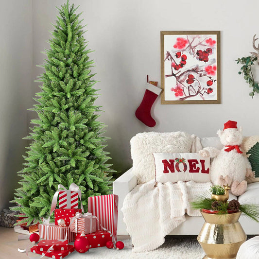 7.5FT Slim Christmas Tree – 1396 Tips,  PE+PVC Branches, Hinged Design for Easy Setup, Stable Metal Stand – Ideal for Corners & Small Spaces