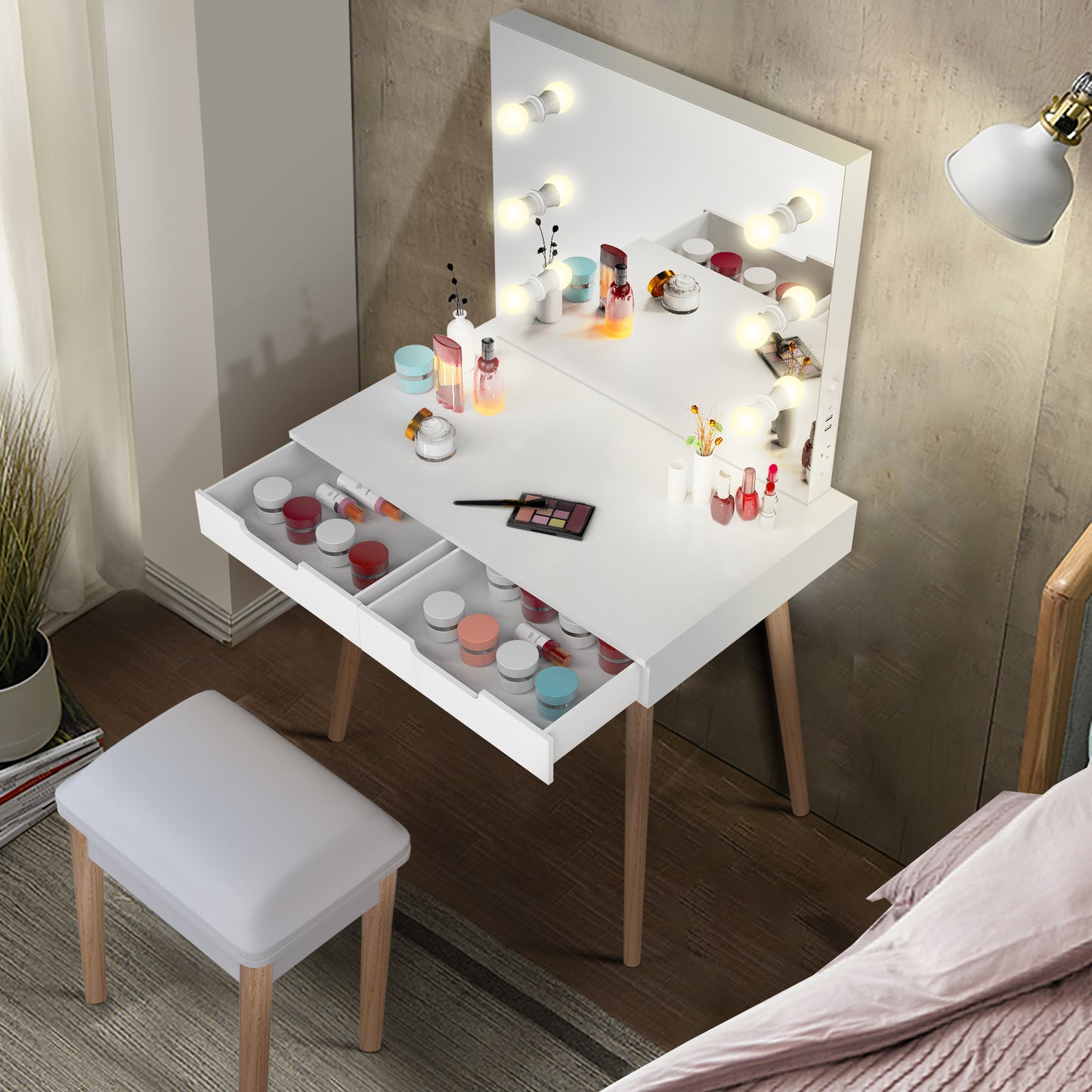 Wooden Vanity Table Makeup Dressing Desk with LED Light,White