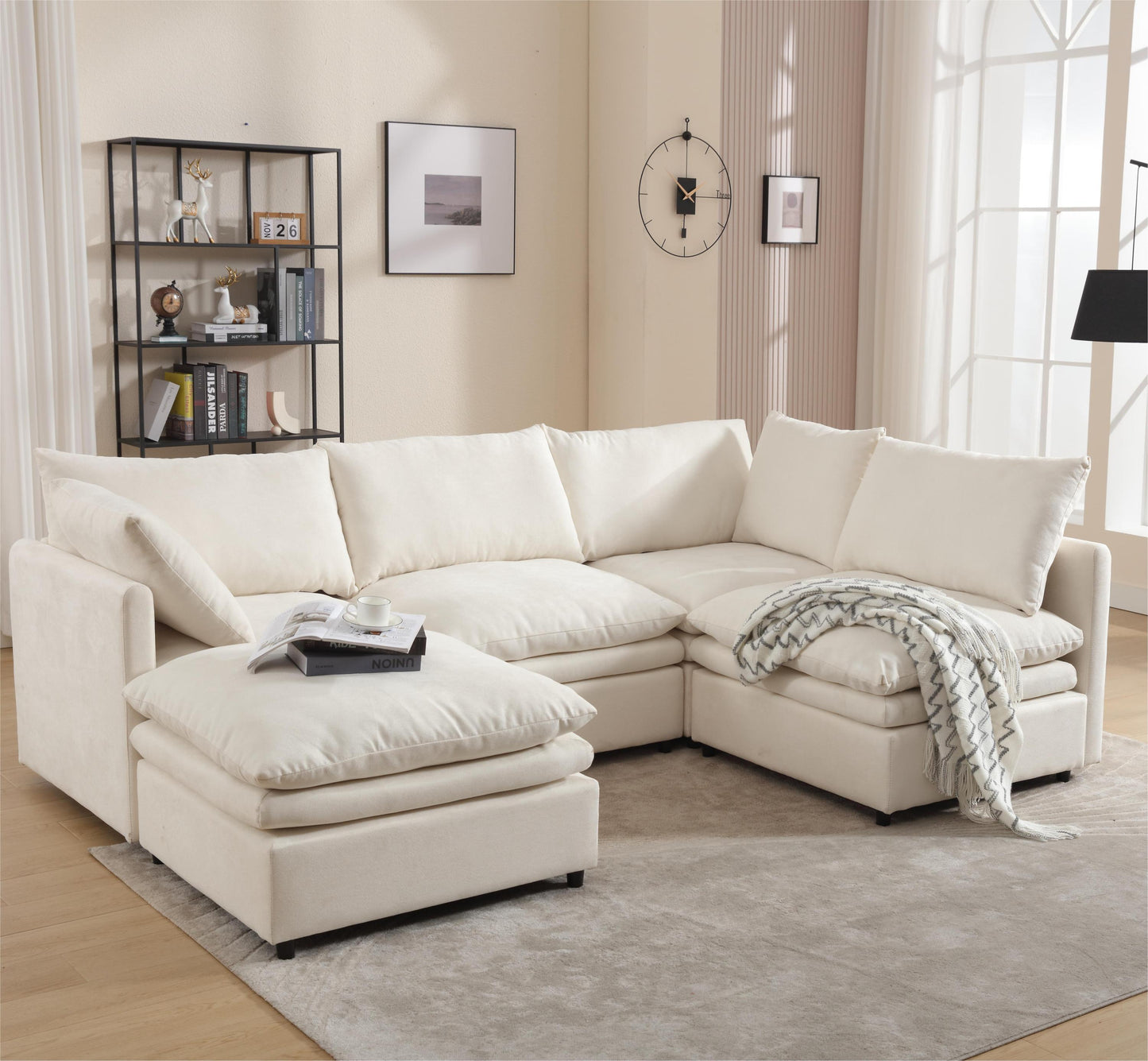 [VIDEO PROVIDED] Modern U-shaped Sectional Sofa ,5-seat Upholstered  Sofa Furniture,Sleeper Sofa Couch with Chaise Lounge for Living Room,Apartment,Beige, Polyester