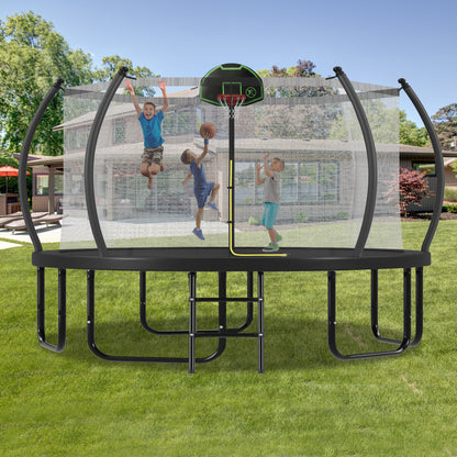 14FT Trampoline with Basketball Hoop for Kids and Adults, Round Outdoor Trampoline with Enclosure Net & Curved Poles & Ladder