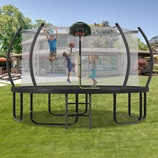 12FT Trampoline with Basketball Hoop for Kids and Adults, Round Outdoor Trampoline with Enclosure Net & Curved Poles & Ladder