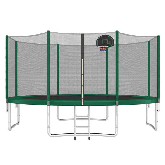 14FT Trampoline for Kids with Safety Enclosure Net, Basketball Hoop and Ladder, Easy Assembly Round Outdoor Recreational Trampoline