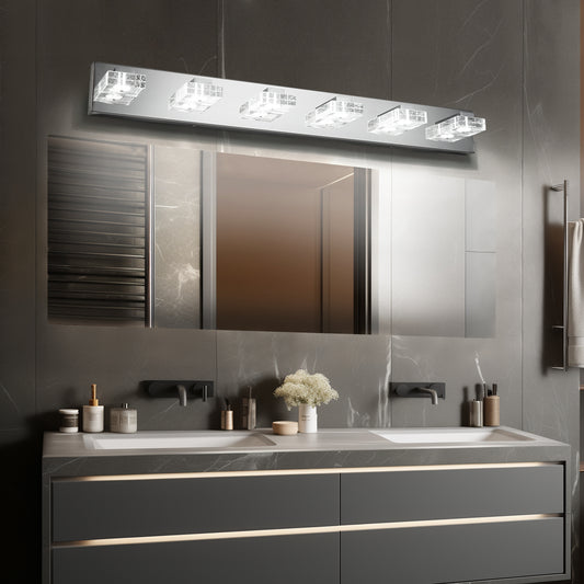 38' Modern Chrome 6-Light LED Vanity Light, Square Acrylic Lampshades Wall Mount Fixture for Bathroom, Mirror Lighting