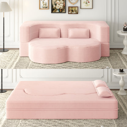 Modern Floor Sofa with 2 Pillows,Convertible Plush Corduroy Foam-Filled Sleeper Sofa Bed,15' Full Size Folding Mattress for Living Room,Guest Bed,no assembly required,Baby Pink